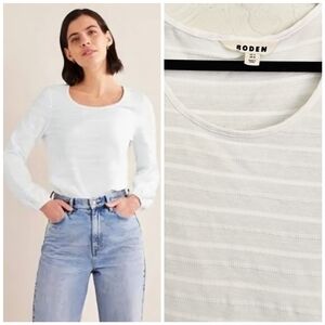 Boden Textured Stripe Long Sleeve White Cotton Top, 10